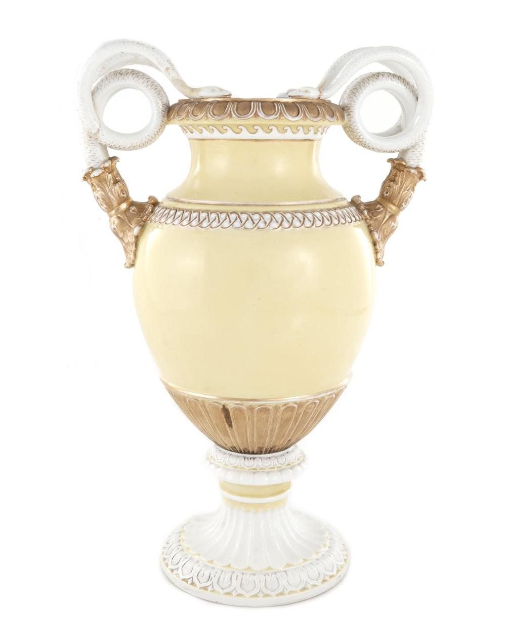 Meissen Yellow-Ground Snake-Handled Porcelain Vase