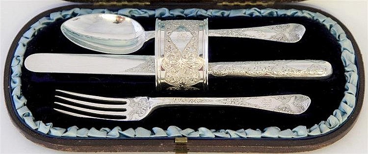 A Victorian cased silver christening set Each piec