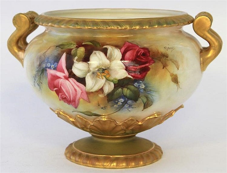 A large Royal Worcester twin handled pedestal bowl