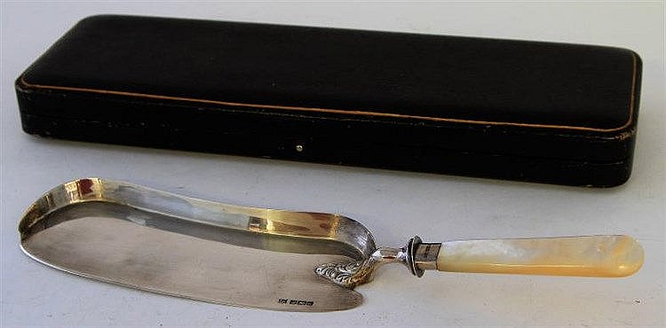 A silver and mother of pearl crumb scoop Of conven