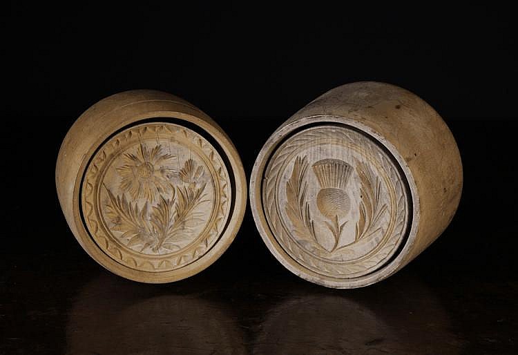 Two 19th Century Turned Sycamore Ejector Butter Moulds...