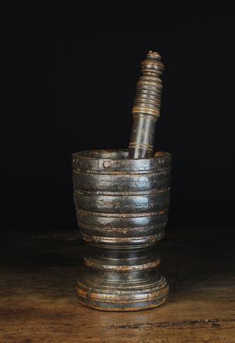 A 17th/18th Century European Decoratively Turned Walnut Pestle & Mortar