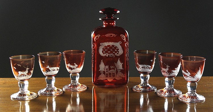 A Bohemian Ruby Flashed Glass Decanter & Six Goblets