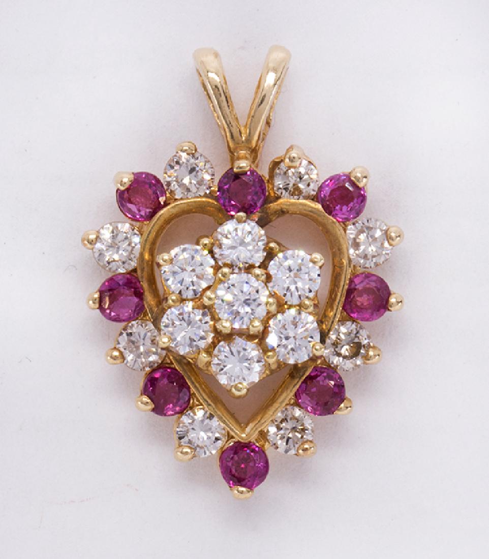 Ruby, diamond and 14k yellow gold heart pendant