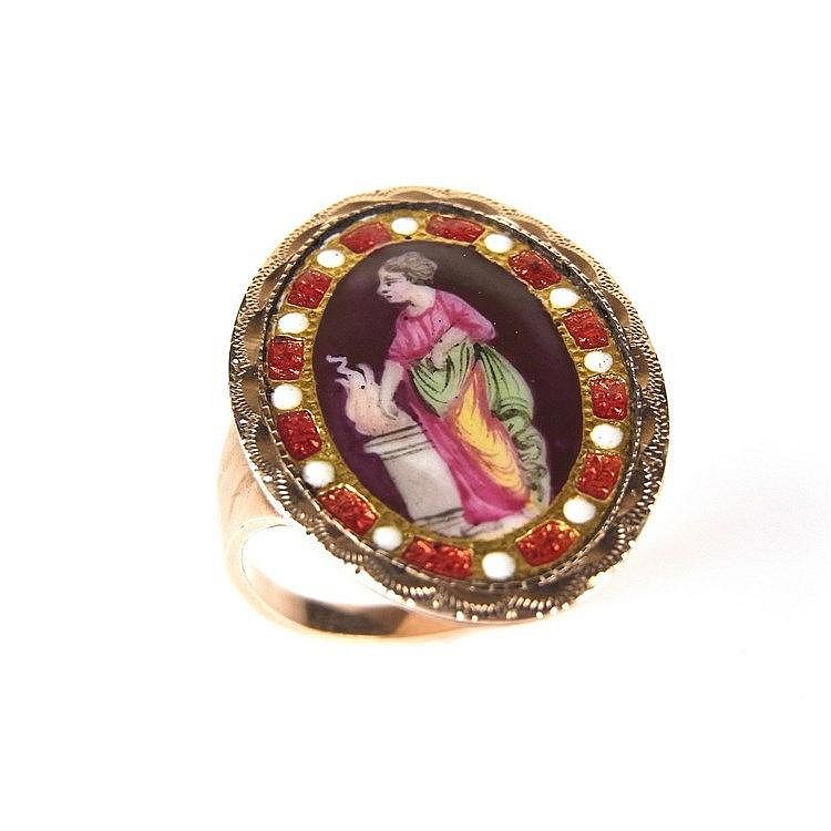 Yellow gold enamelled panel ring. Decorated with the image of lady standing