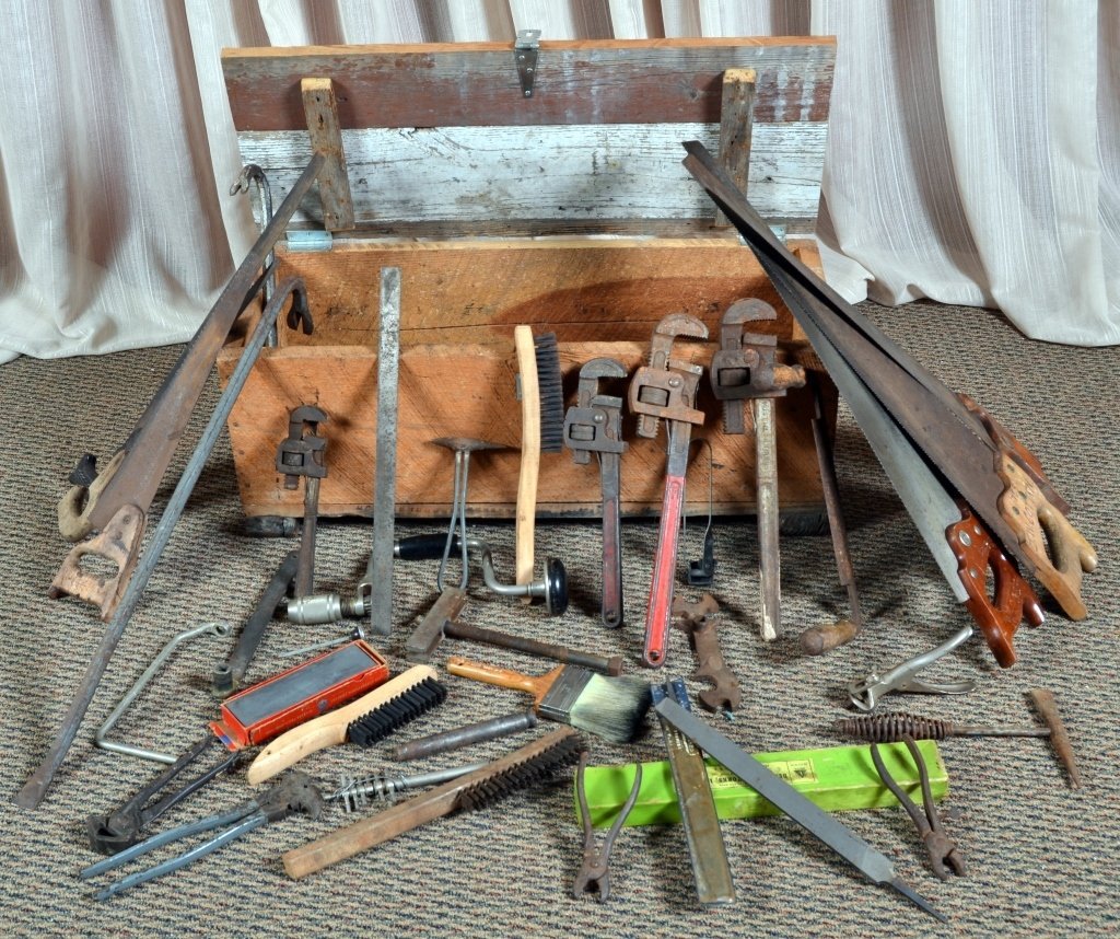 Vintage Wood Tool Box w/Tools