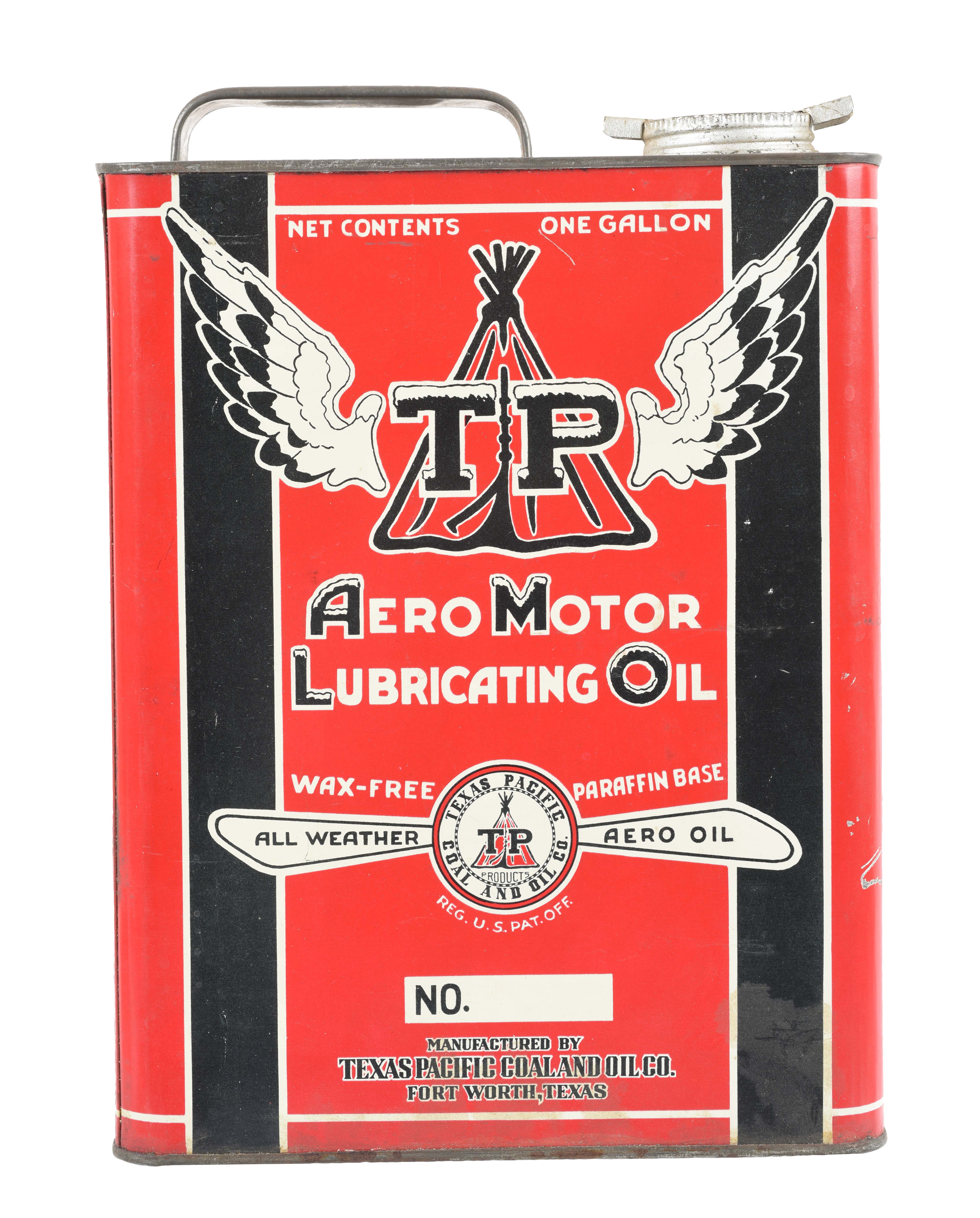 Texas Pacific Aero Motor Oil One Gallon Flat Oil Can.