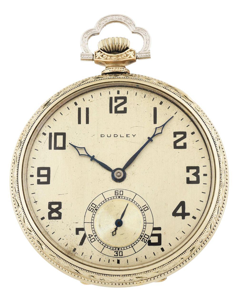 WHITE GOLD FILLED DUDLEY MODEL 2 MASONIC O/F POCKET WATCH W/FLIP BACK.