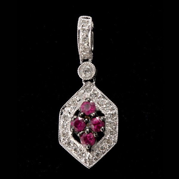 Ruby, diamond, 14k white gold pendant.