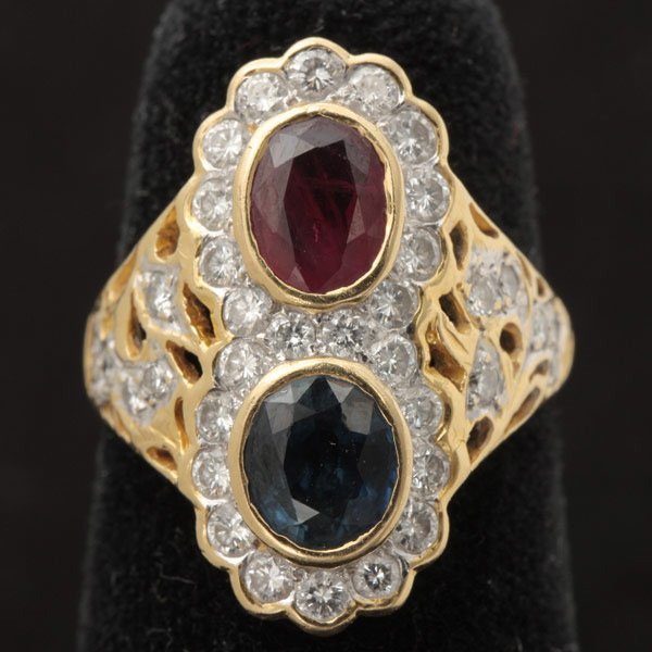 Ruby, sapphire, diamond, 14k yellow gold ring.