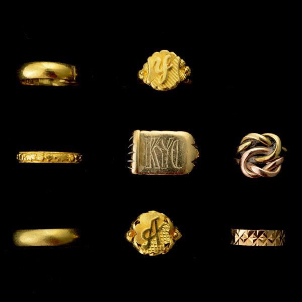 Collection of eight yellow gold rings.