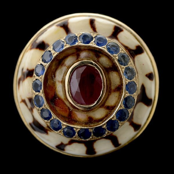 Ruby, sapphire, shell, 14k yellow gold ring.