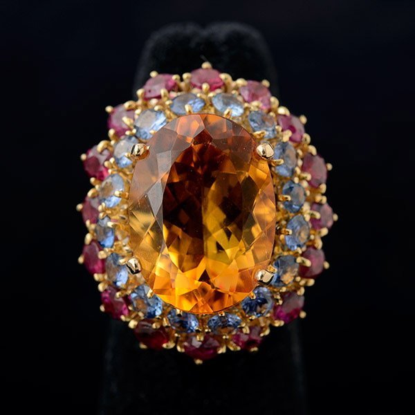 Citrine, sapphire, ruby, 14k yellow gold ring.