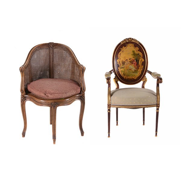 Louis XV Style Cane Armchair & Louis XVI Style Fauteuil