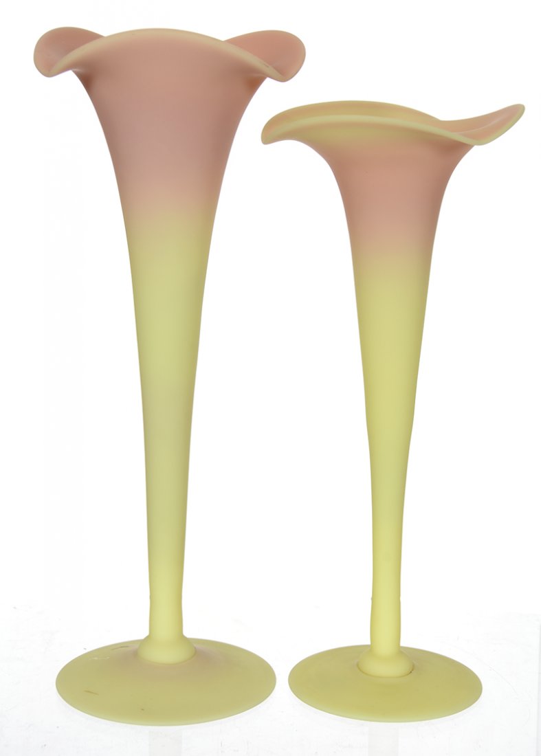 (2) mt. washington burmese art glass trumpet vases
