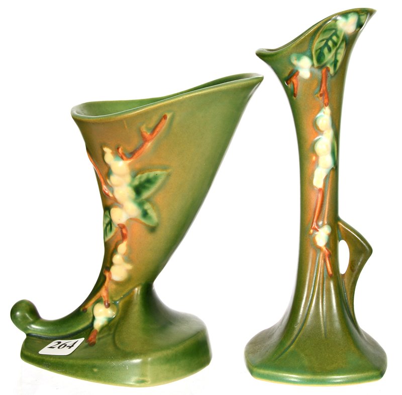 (2) roseville art pottery snowberry pattern vases