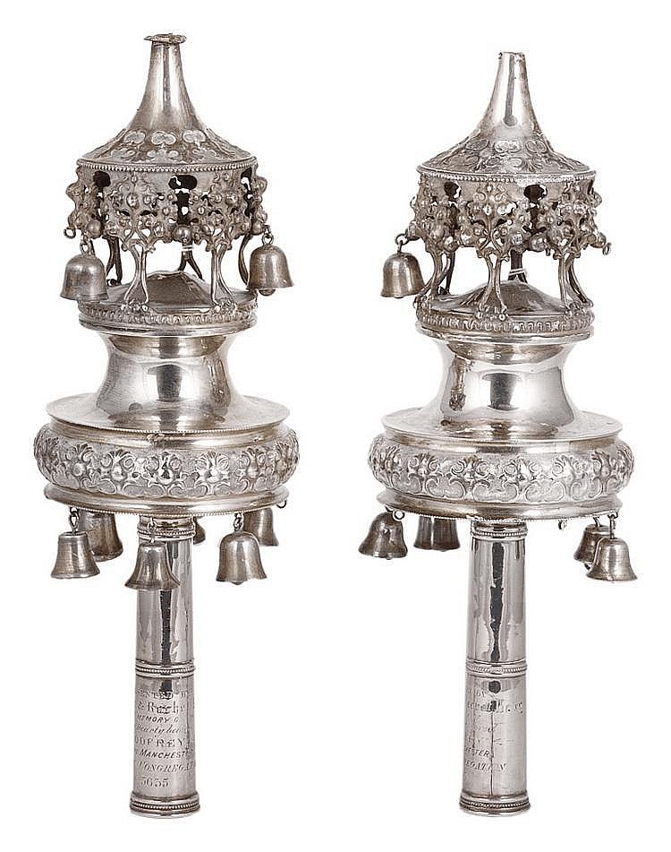 A PAIR OF VICTORIAN SILVER TORAH FINIALS (RIMMONIM)