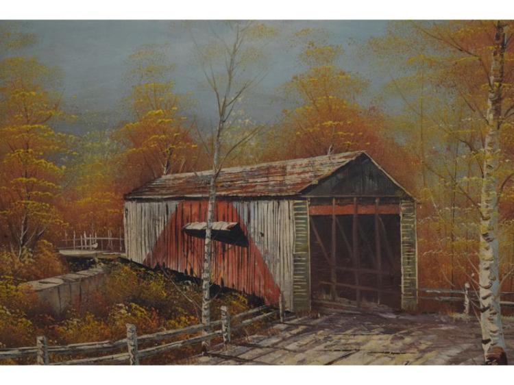 Country Bridge in Autumn Forest, Oil on Canvas