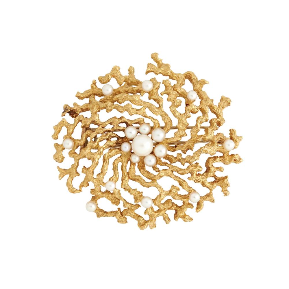 OMEGA, 18CT GOLD AND PEARL BROOCH