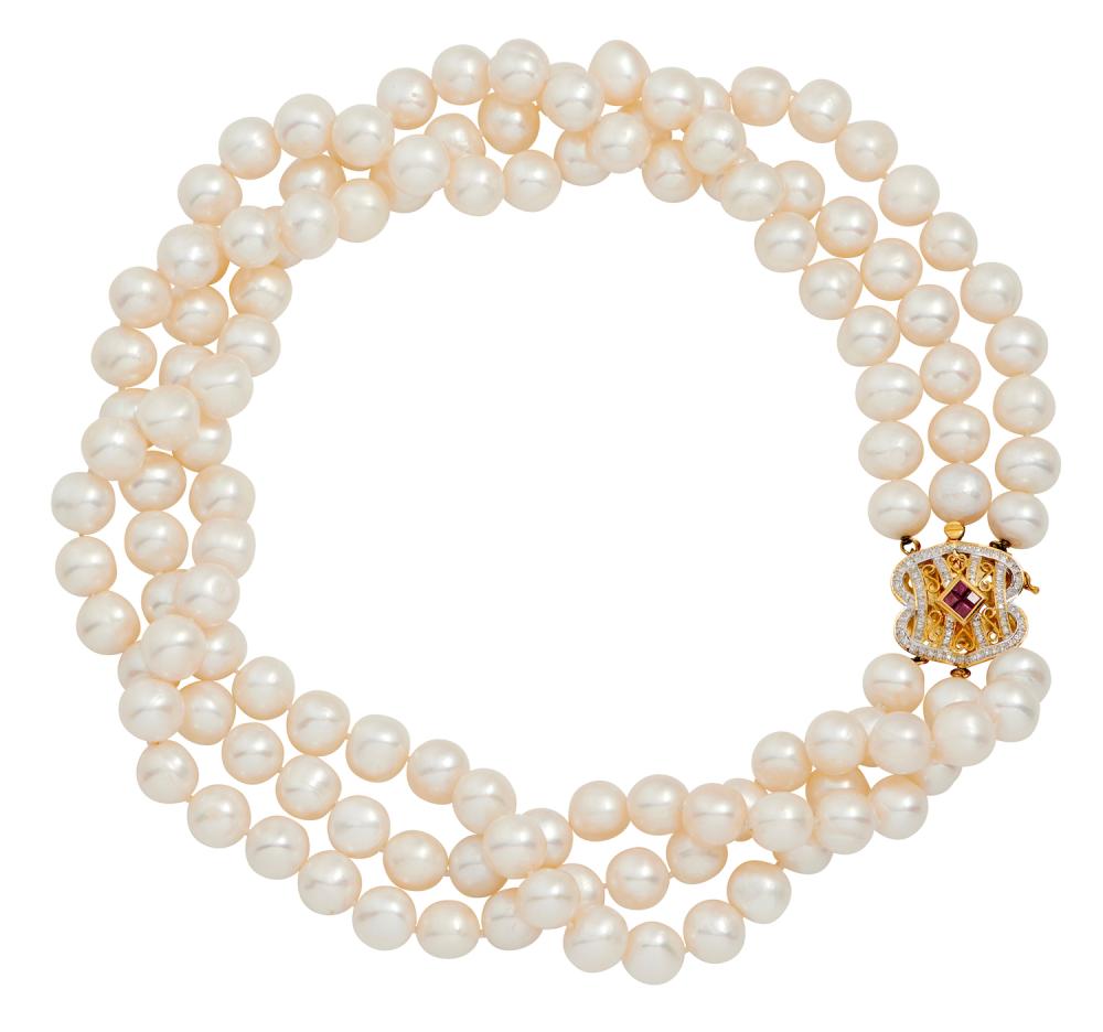18CT GOLD, RUBY, DIAMOND AND PEARL JEWELLERY SUITE