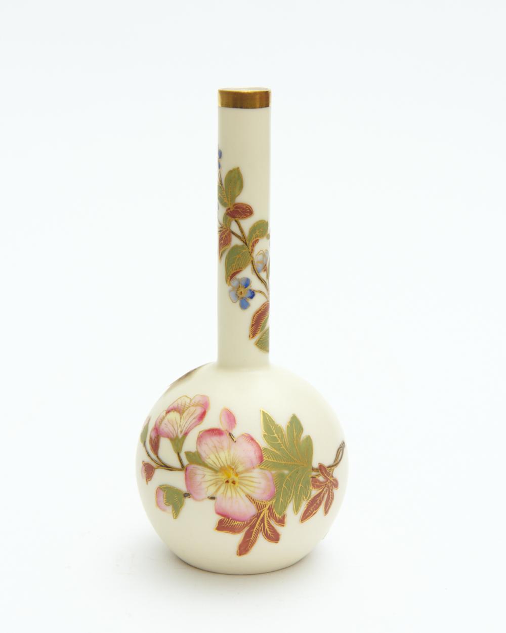 A ROYAL WORCESTER SLENDER NECK HAND PAINTED FLORAL VASE