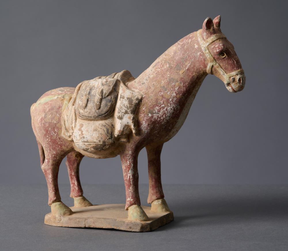 A CHINESE PAINTED POTTERY FIGURE OF A MULE NORTHERN QI DYNASTY (550-577)
