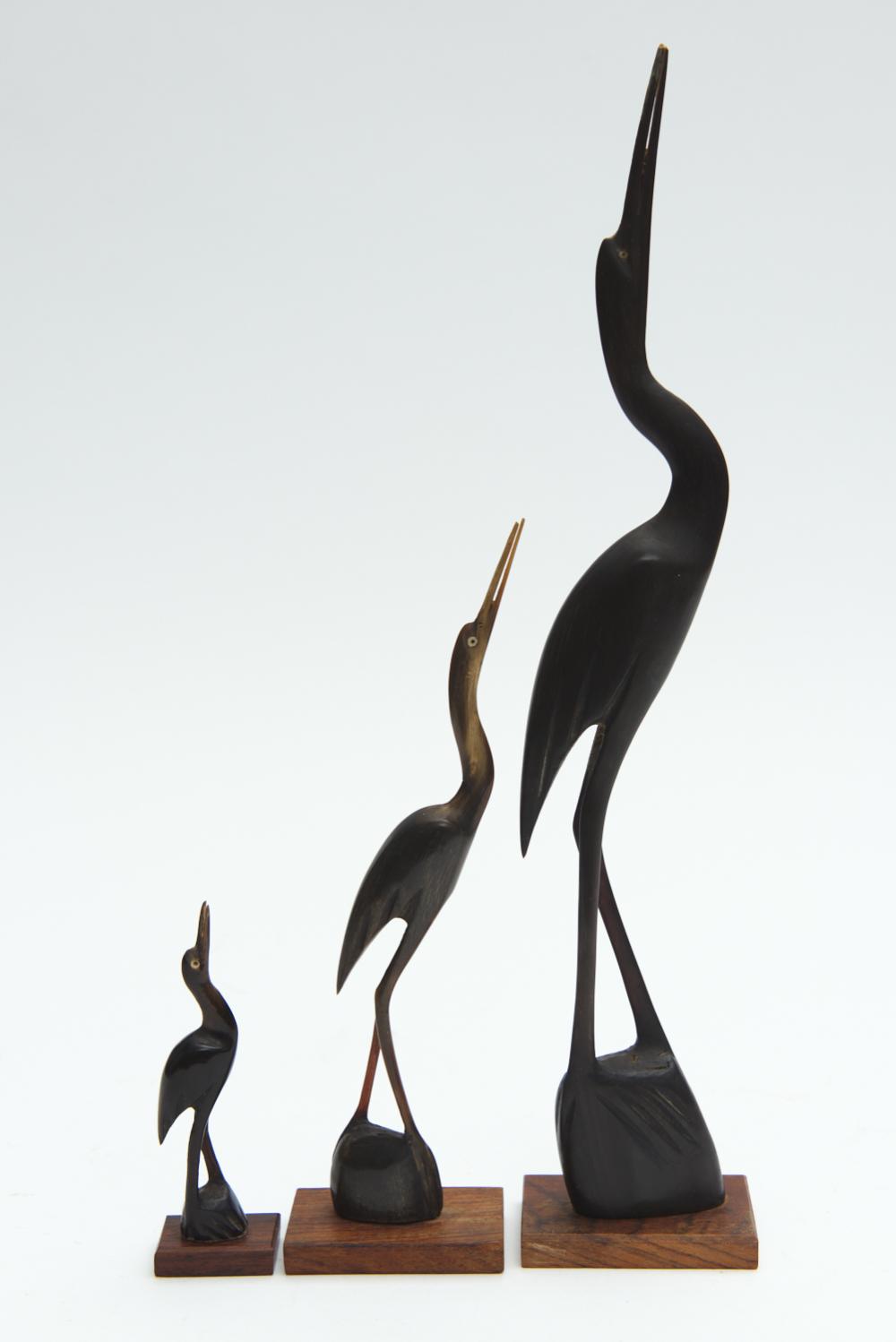 THREE 1960S WATER BUFFALO HORN HAND CARVED HERONS WITH...