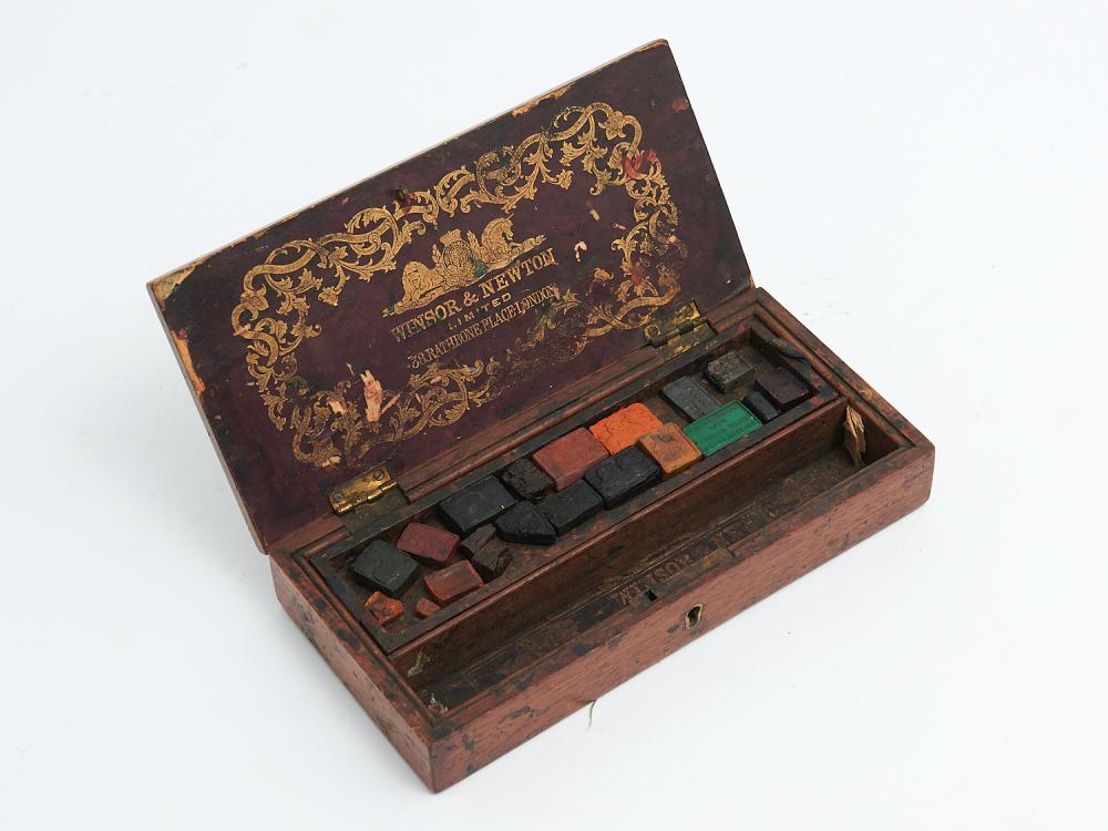 AN ANTIQUE ENGLISH WINDSOR AND NEWTON MAHOGANY PAINT BOX...