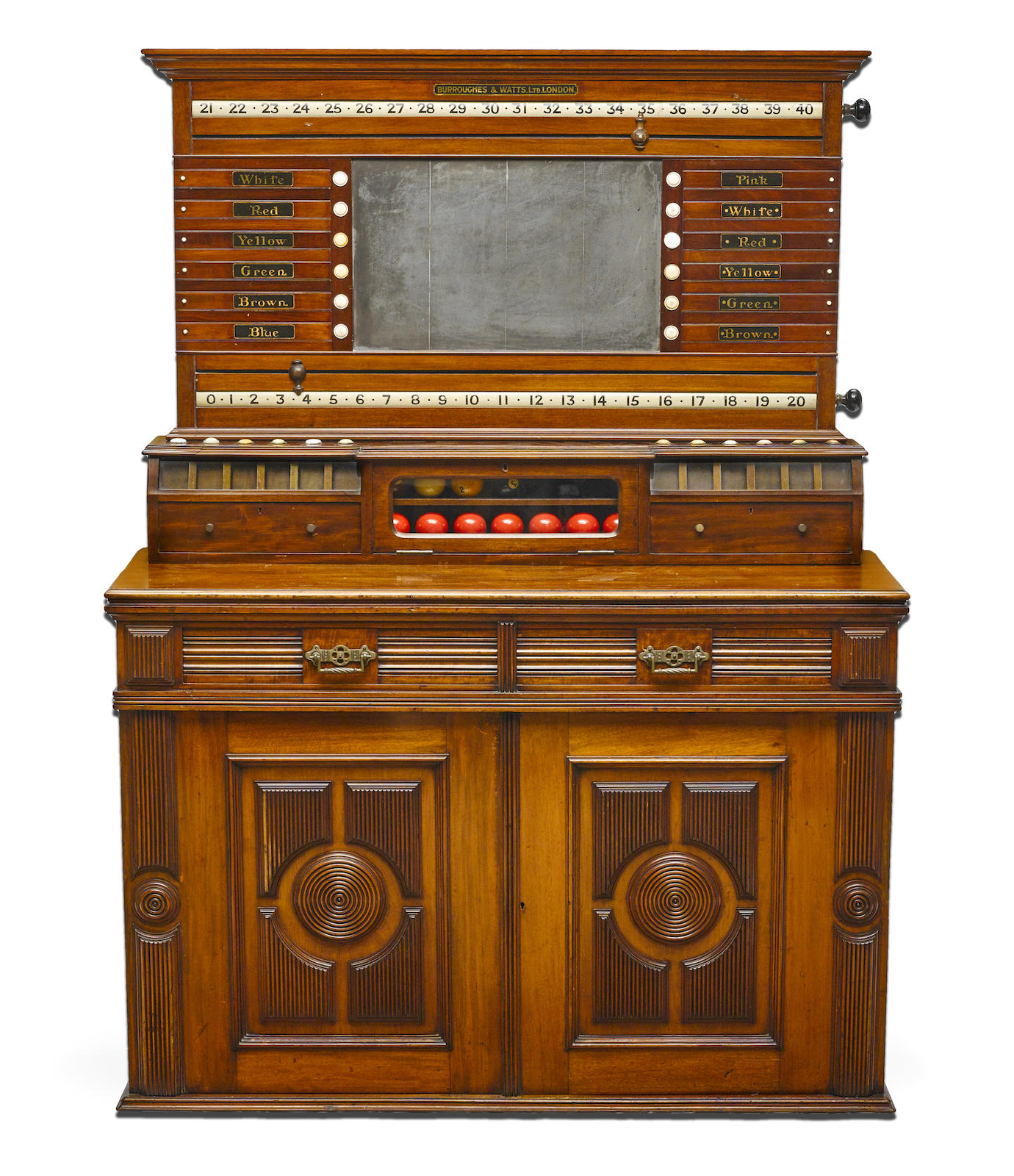 A good English mahogany snooker cabinet and scoreboard Burroughes & Watts, LTD London circa 1900