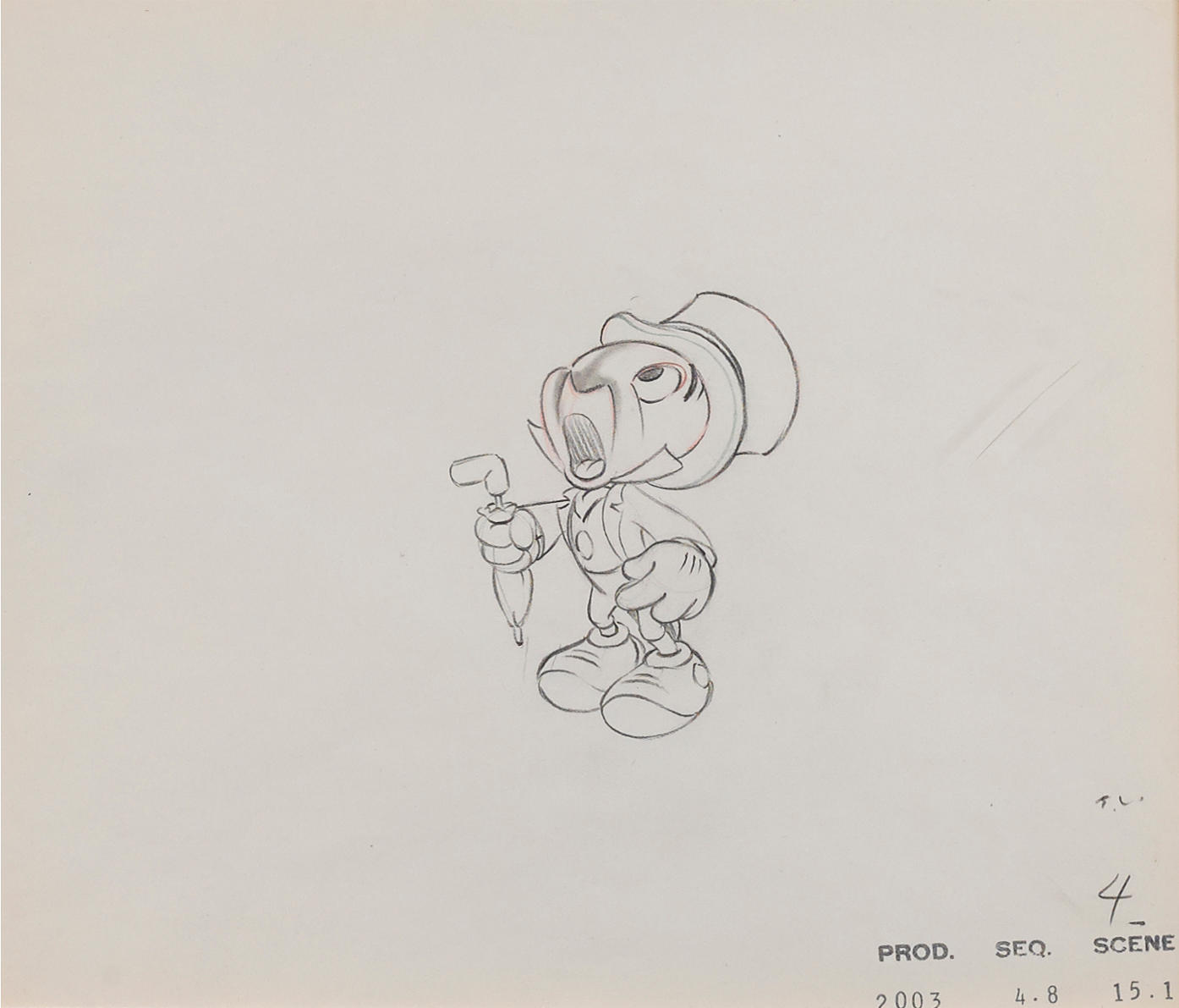 An animation drawing of Jiminy Cricket from Pinocchio