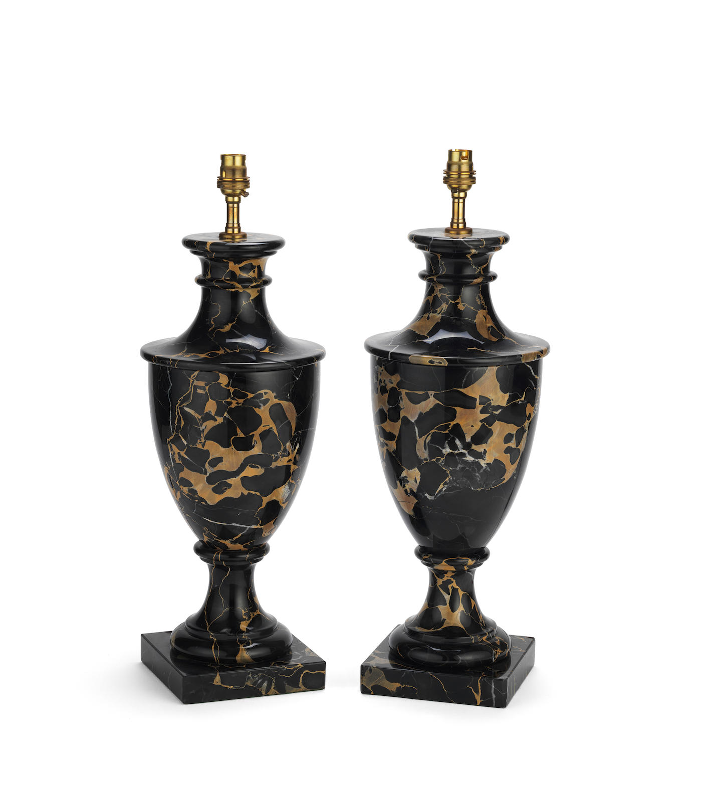 A pair of 'black and gold' marble urn lamp bases
