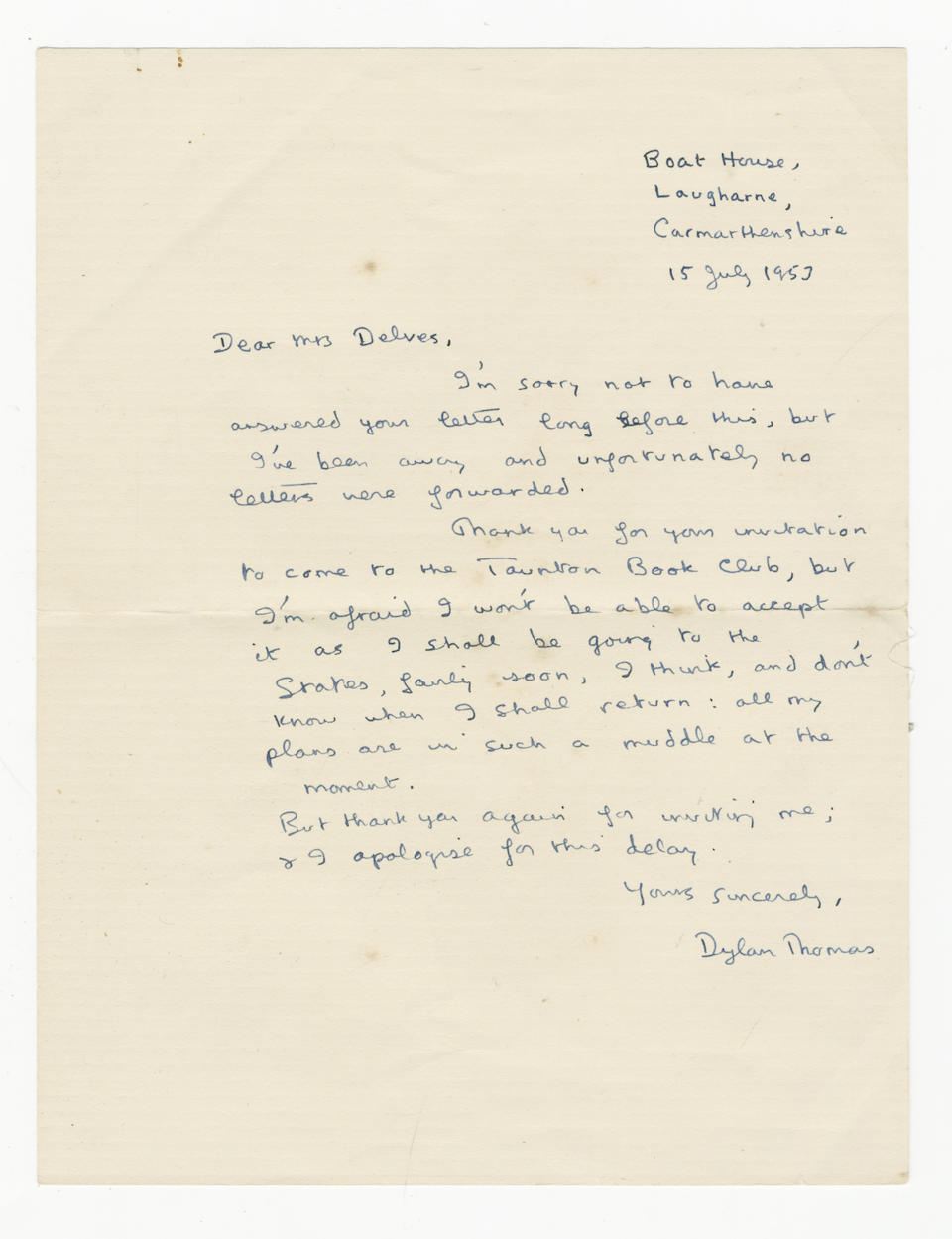THOMAS (DYLAN) Autograph letter signed ("Dylan Thomas")...