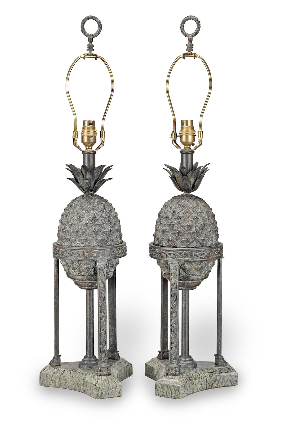 A pair of decorative bronze and marble pineapple lamp bases (2)