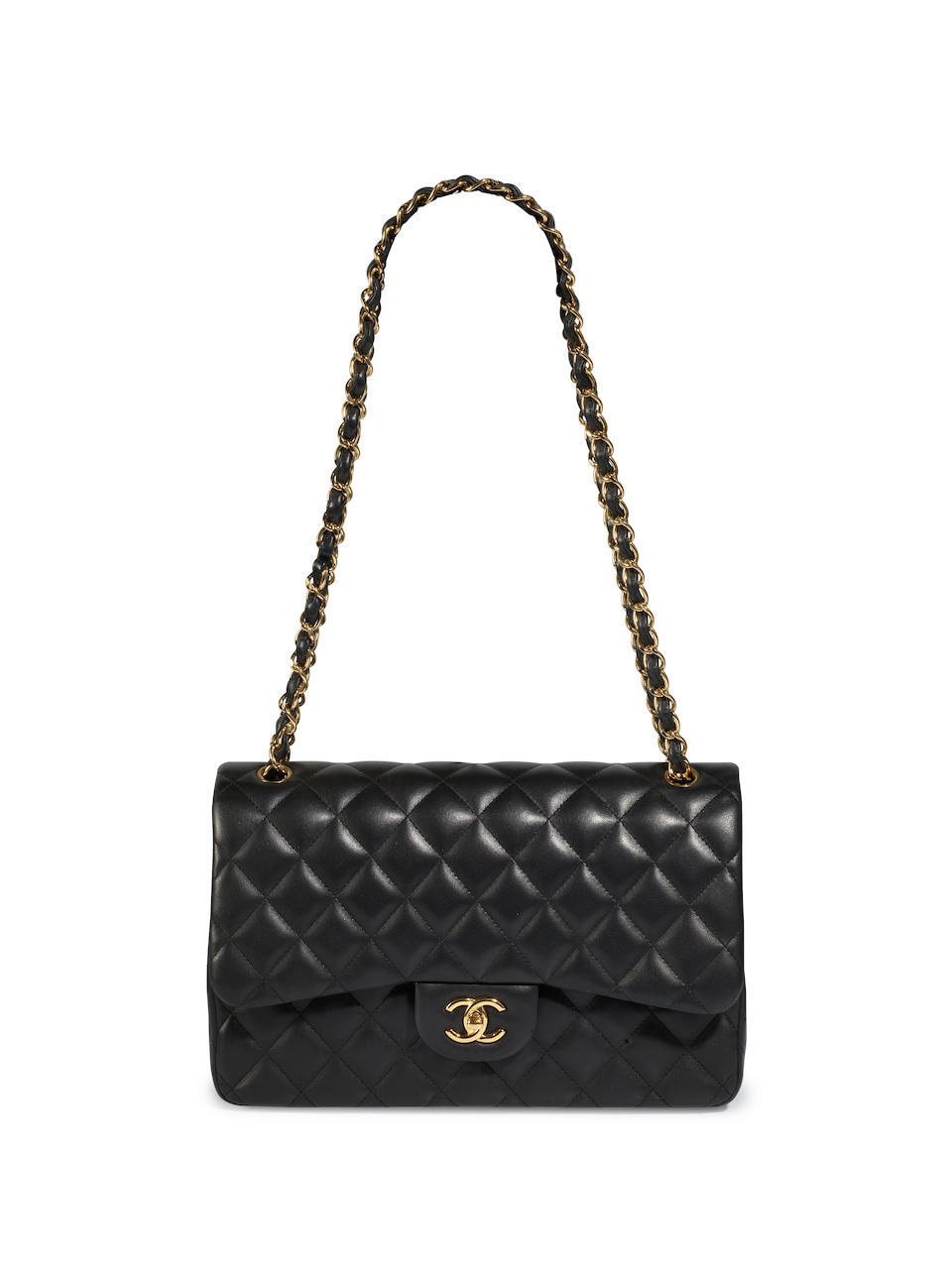 CHANEL: BLACK LAMBSKIN JUMBO CLASSIC BAG WITH GOLD...