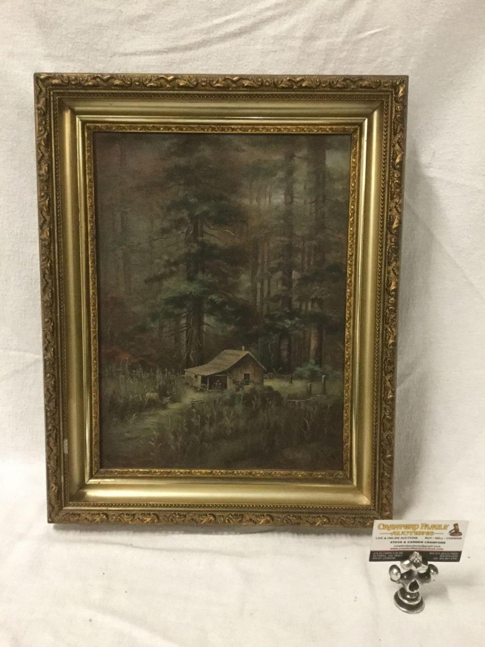 Antique oil on canvas depicting a cabin in the forest w/...