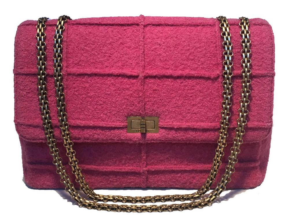 Chanel Magenta Tweed Maxi Classic Flap Shoulder Bag