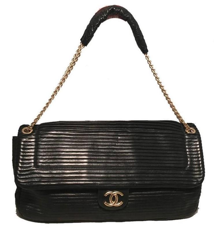 Chanel Black Pleated Leather Classic Flap Shoulder Bag