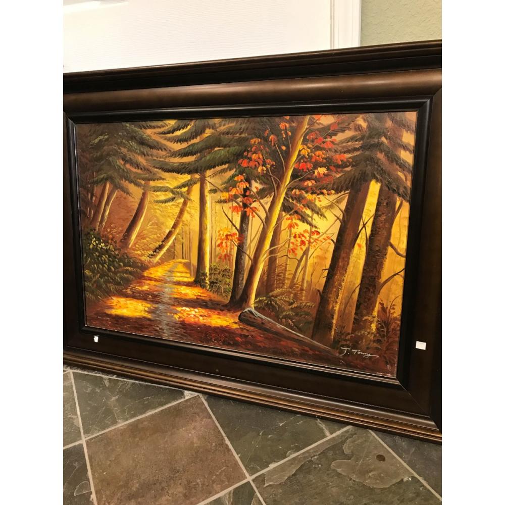 Oil on Canvas of Sunset in Forest Scene