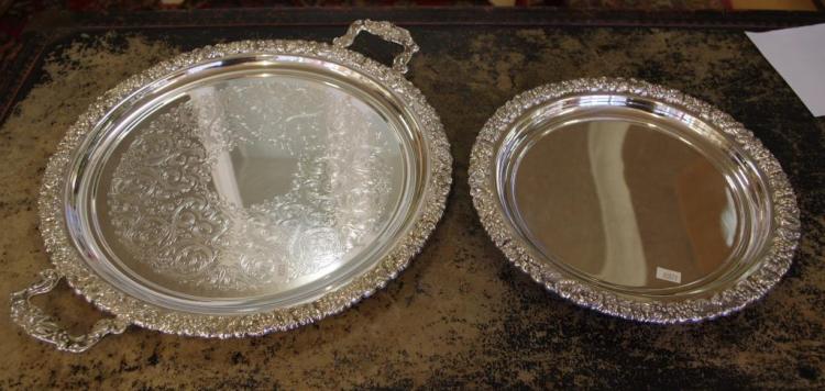 Two silver plated serving trays one with twin handles, W46cm approx