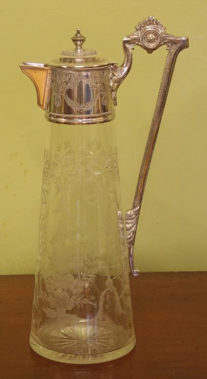 Victorian etched glass and silver plate claret jug H30cm approx