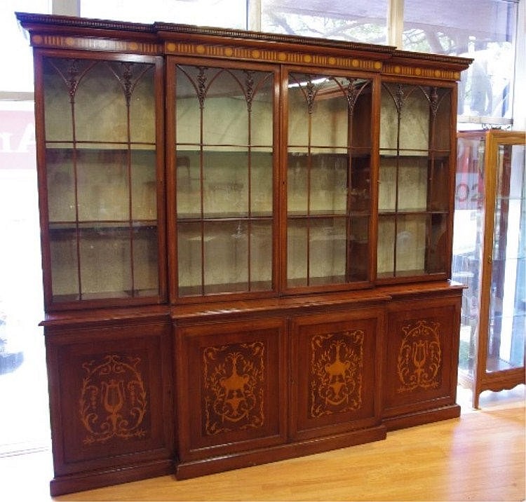 Large mahogany breakfront bookcase a 4 door glass