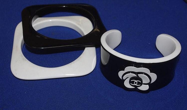 Chanel Black Camellia and CC Logo on white Bangle