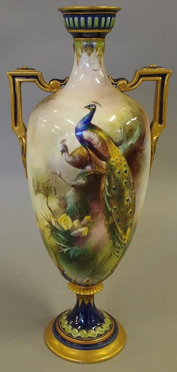 Handley Worcester two handled vase hand painted with peacocks