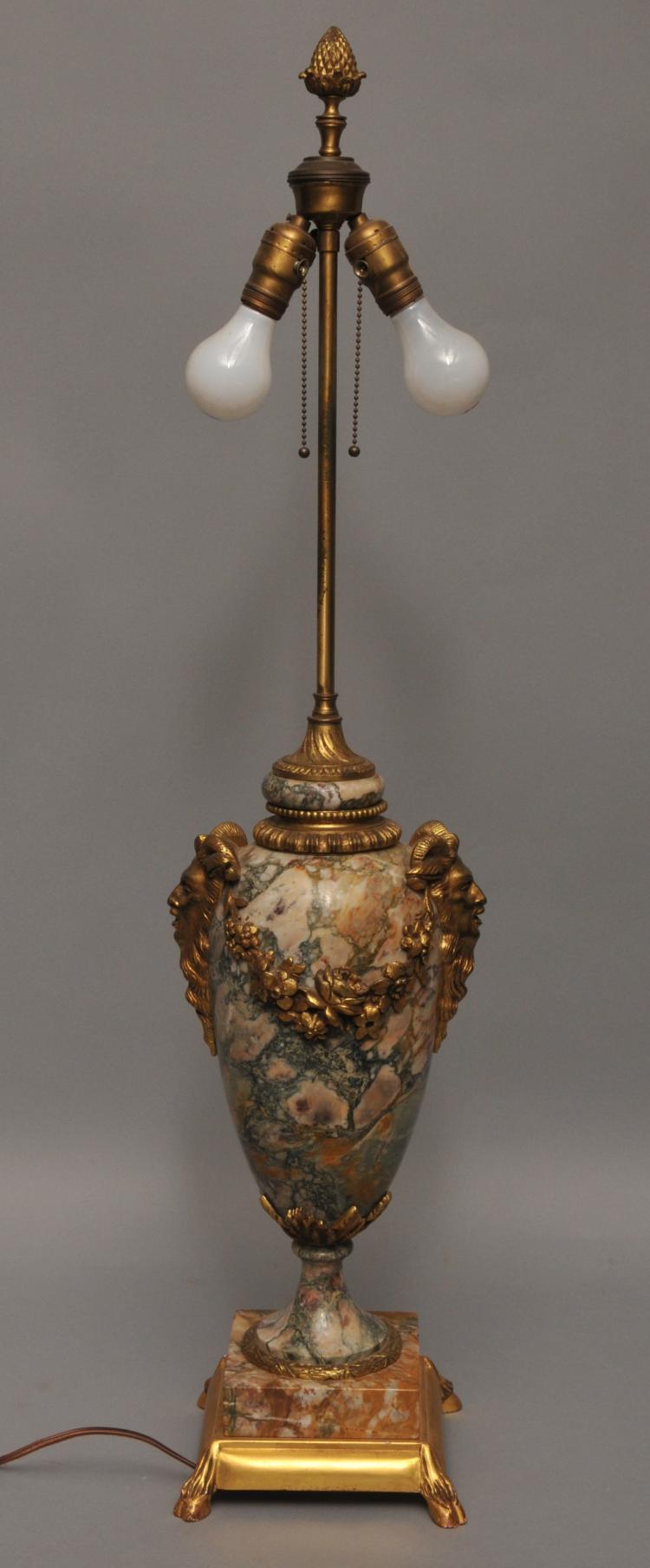 20th century French style marble and gilt bronze mounted urn lamps