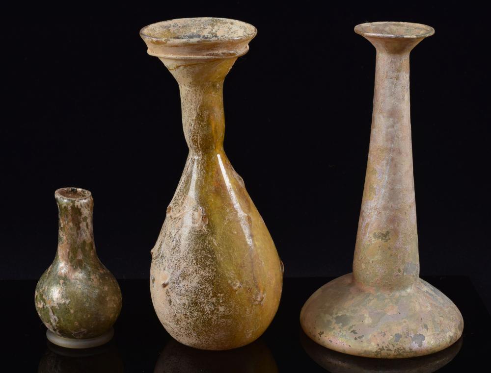 3 Ancient Roman iridescent glass bottles