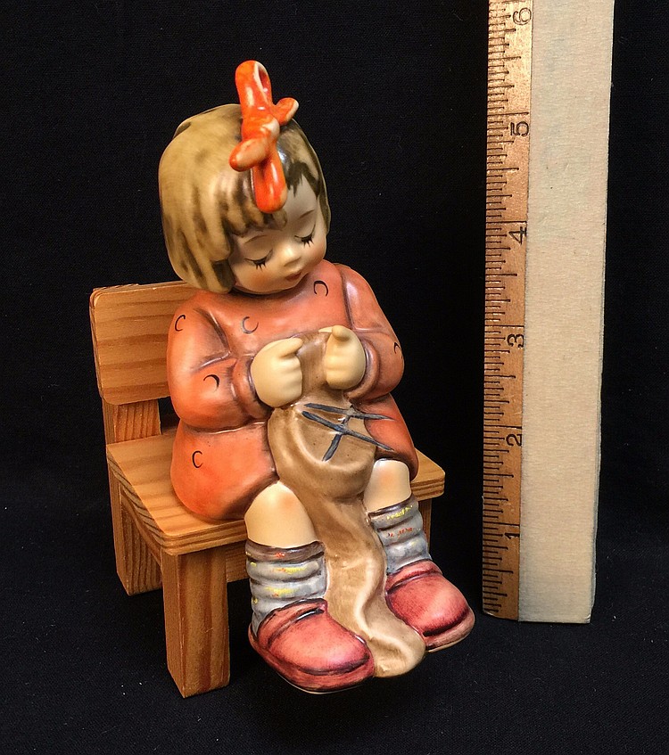 Goeble, Girl Sitting with Wooden Chair, Porcelain Figurine, 1995