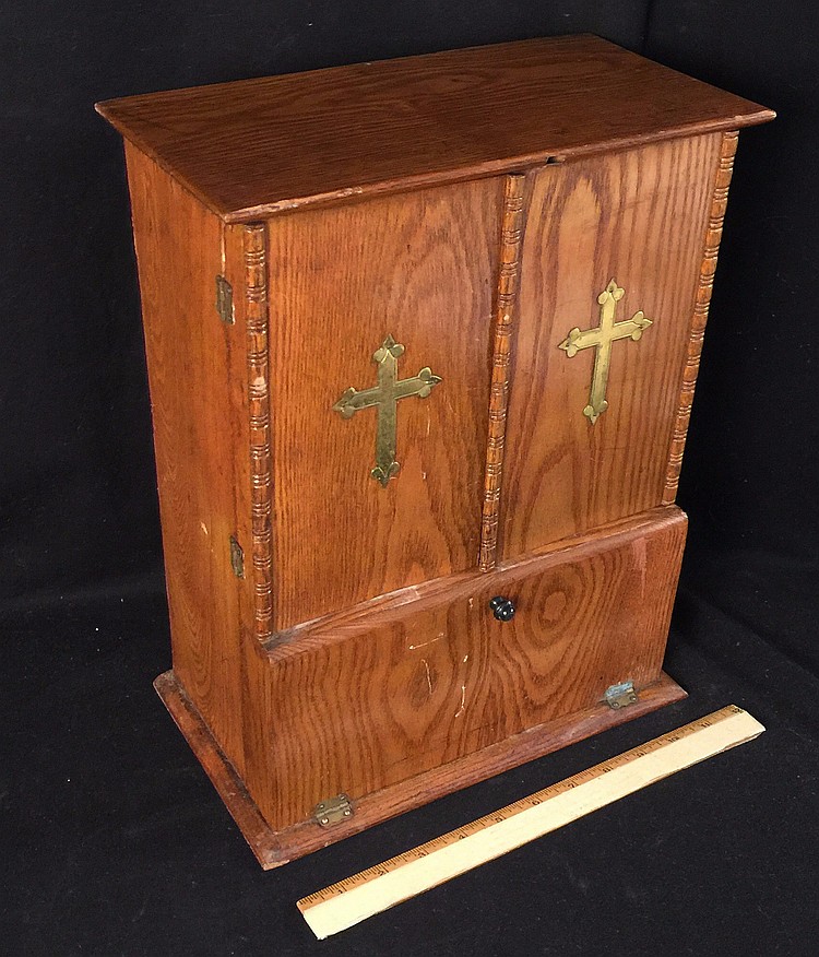 Oak Portable Altar, Religious Case with Holy Water Bottle, Antique
