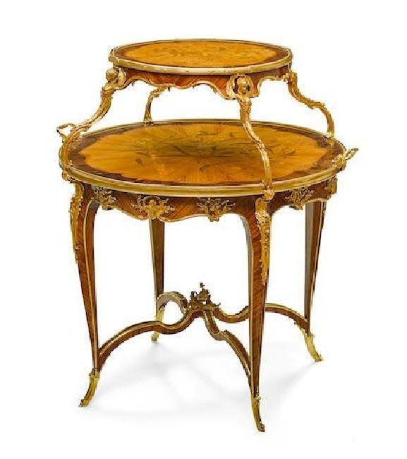 LOUIS XVI STYLE ORMOLU MOUNTED AND MARQUETRY TEA TABLE