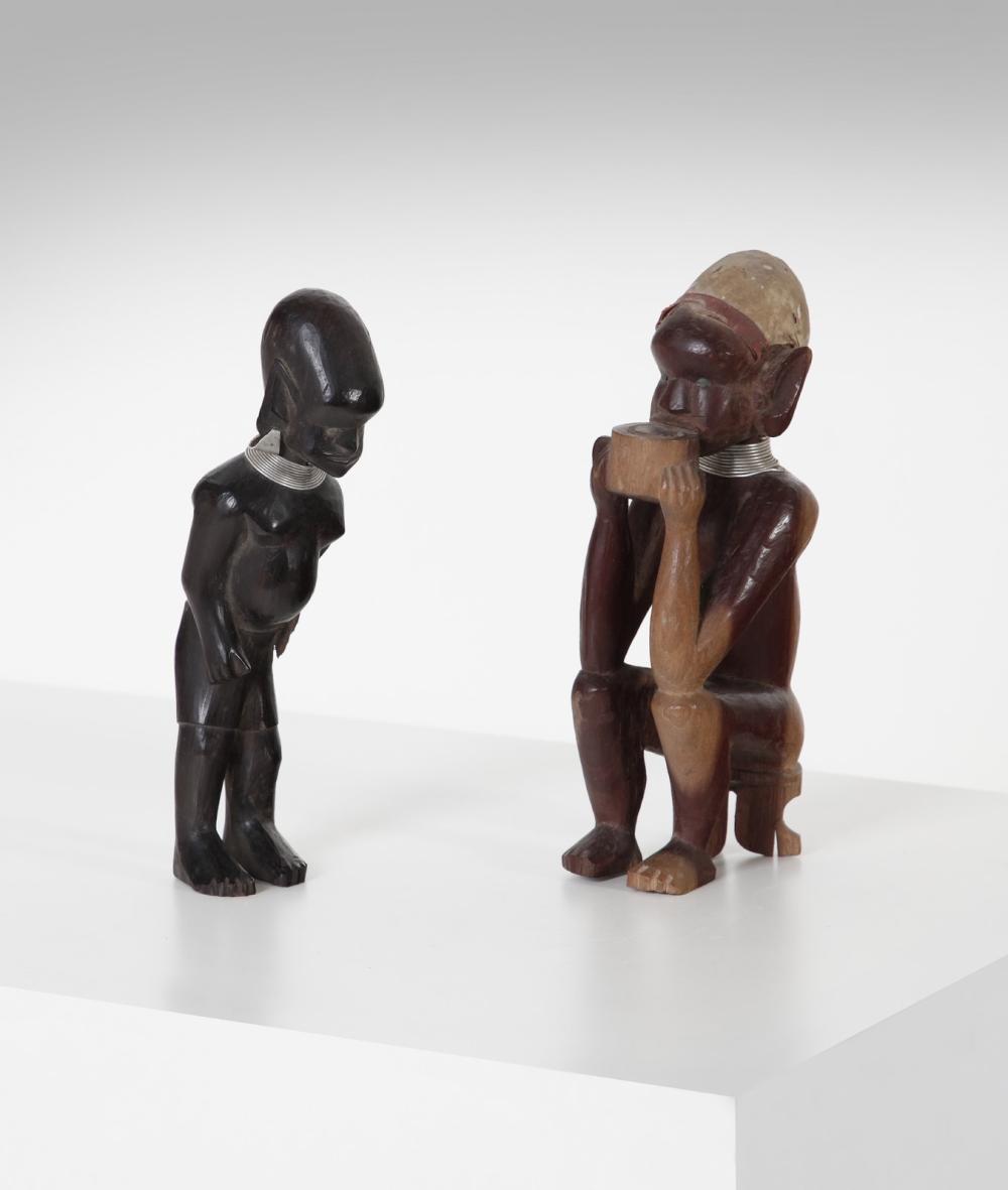 African art Two ebony wooden female figures Central Africa (?)
