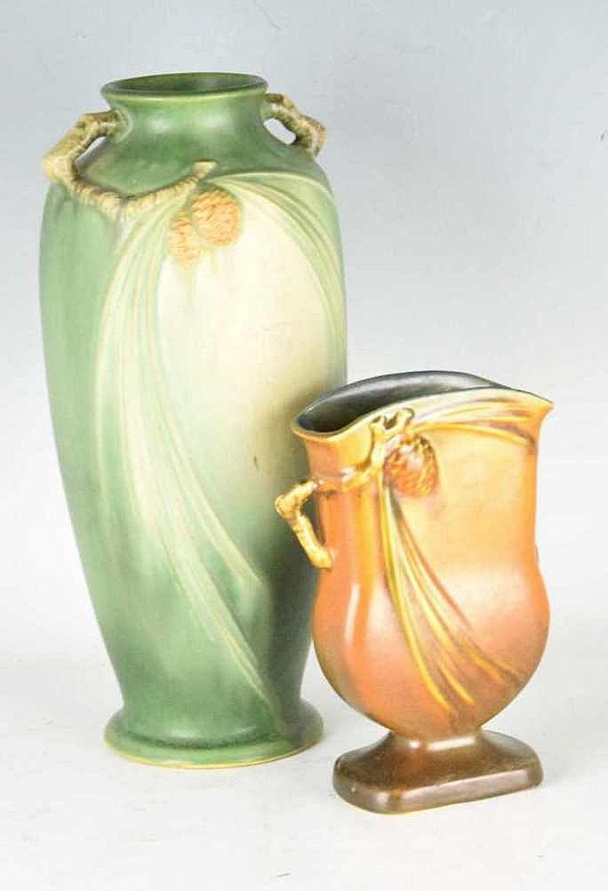 Two Roseville Pottery Pine Cone Pattern Vases